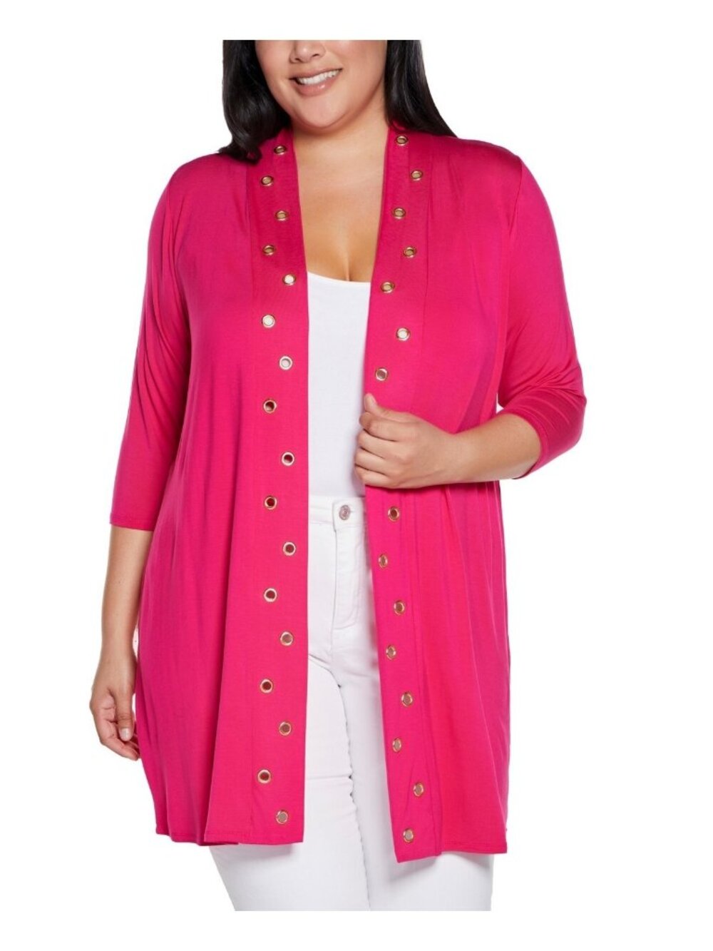 Belldini Plus Size 1X Pink Grommet-Trim Duster Opened Cardigan 3/4 sleeves $59